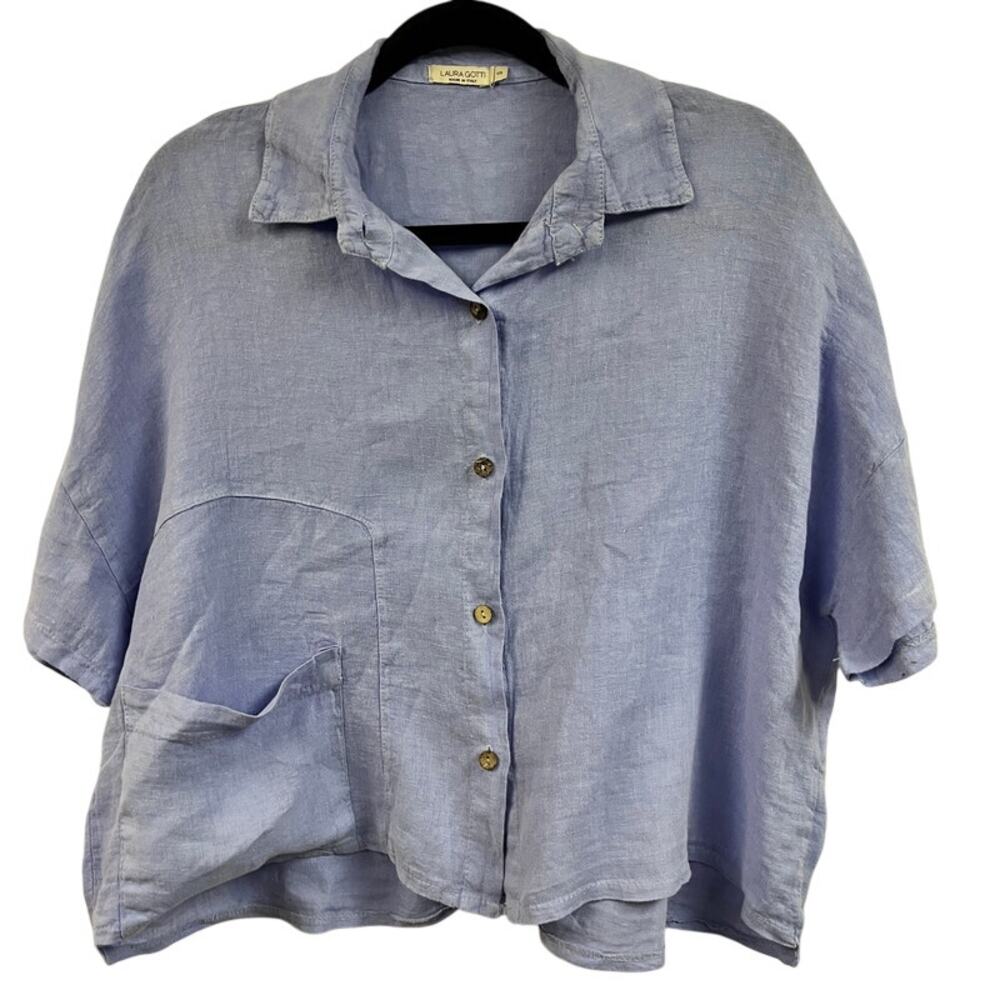 Laura Gotti Italy Size S Linen Crop Blouse light blue dolman sleeve button down